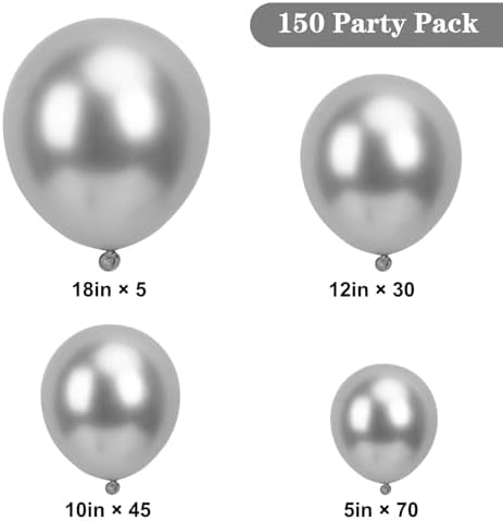 APLANET 150pcs Silver Balloons Different Sizes 18 12 10 5 Inch, Latex Balloons for Silver Themed Birthday Wedding Baby Shower Party, Grad Anniversary Supplies, Arch Kit Decoration - Image 2