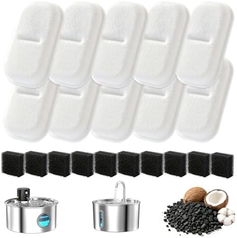 Cat Water Fountain Filter Set – 10 Carbon Filters & 10 Foam Sponges, Replacement for 108Oz/3.2L 67Oz/2L Stainless Steel Pet Water Dispenser,Kitty Spout Pump Filters,Promotes Hydration for Dogs Cats by Unknown
