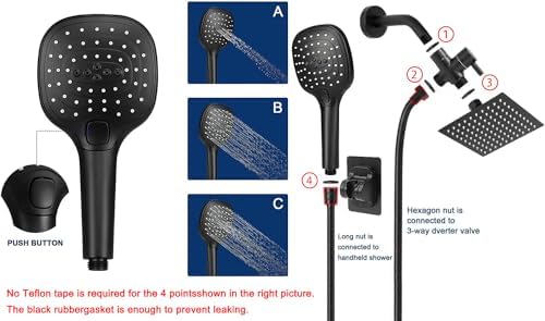 NearMoon Shower Head with Hose, High Pressure Stainless Steel Rain Shower and 3 Settings Handheld Spray Combo with Push Button Flow Control (8 Inch, Matte Black) - Image 3