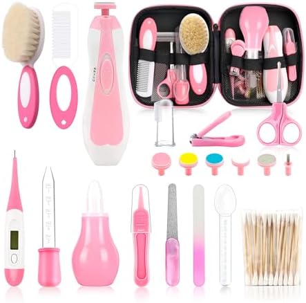 Infant Grooming Essentials: Electric Safety Nail Trimmer, Nasal Aspirator, Hair Brush, Comb, Nail Clipper (27 Piece Safety Care Set for Newborns - Pink) by WXA