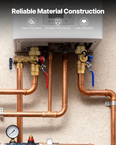 VEVOR Water Heater Kit, 3/4 Inch Tankless Water Heater Service Valve Kit with 2PCS 3/4″ NPT to 3/4″ NPT Isolation Valves, Pressure Relief Valve, Lead-Free Brass, Fits Most Tankless Waters Heaters - Image 3