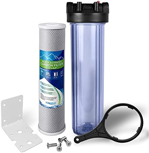 Whole House Water Filtration System, Transparent 4.5x20 Housing, 1" Inlet/Outlet Brass Ports, Pressure Relief Button, 5 Mic Activated Carbon Block Cartridge, Meets NSF Standards & Regulations (20") by Ronaqua