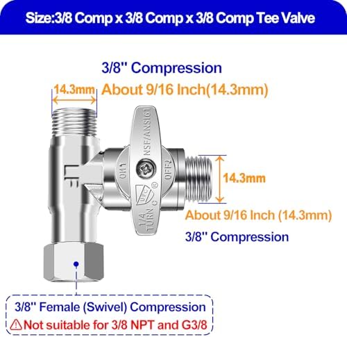 Tee Stop Valve - 3/8"Compx3/8"Compx3/8"Comp Brass Tee for Faucet,Dishwasher - Image 2