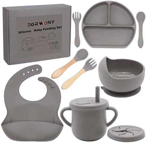100% Silicone baby feeding set,BPA free Baby dishes set with Suction Bowl Divided Plate,Toddler Self Feeding Dish Set with Spoons Forks Sippy Cup And Bib, Baby Eating Utensils (Light Brown) by Dormlony