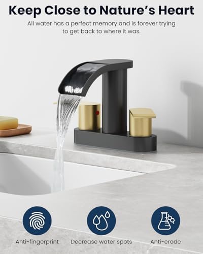 gotonovo 4’’ Centerset Bathroom Sink Faucet Waterfall Black&Brushed Gold - Image 3