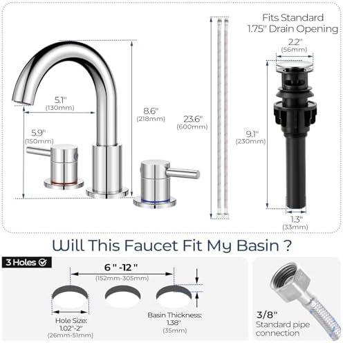 Bathroom Sink Faucet 3 Hole Chrome, 2-Handle Widespread Faucet - Image 6