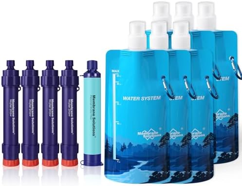 Membrane Solutions S2 Detachable Water Filter Straw (Pack of 4) with 23oz Collapsible Squeezable Water Filtration System by MembraneSolutions