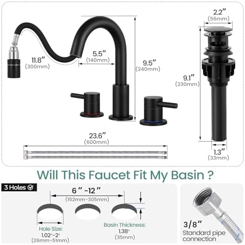 Bathroom Faucet 3 Hole with Pull Down Sprayer Matte Black, 2-Handle - Image 7