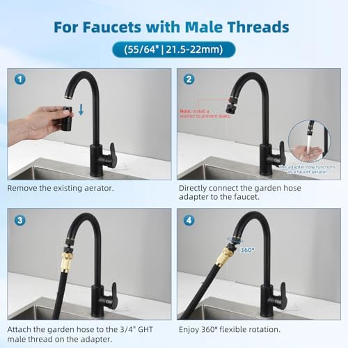 Hibbent Swivel Faucet Adapter Kit, Solid Brass 3/4" Garden Hose Connector, 360 Degree Kitchen Sink Faucet Adapter for Female & Male to Male, Matte Black - Image 5