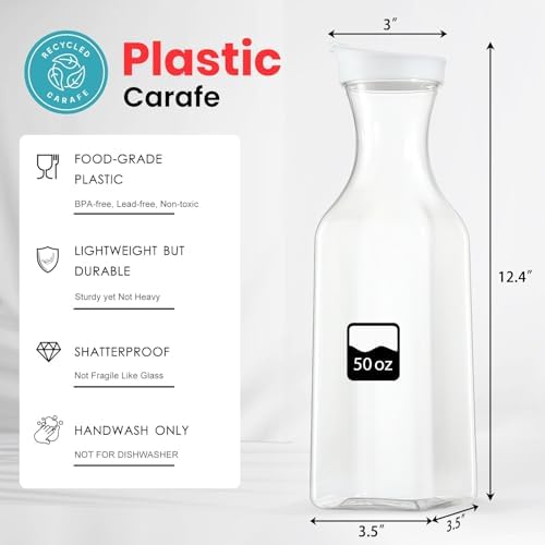 Plastic 50 Oz Water Carafe with Flip Top Lid, Set of 6 Square Base Clear Plastic Juice Container Pitcher - for Water, Iced Tea, Juice, Beverage, Lemonade, Milk and Mimosa Bar - HAND WASH ONLY - Image 2