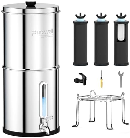 Purewell 4-Stage Ultra-Filtration Gravity-fed Water Filter System with 3 Filters, 304 Stainless Steel Countertop System with Water Level Window, Reduce Fluoride and Chlorine, 2.25G, PW-KS-3F by Purewell