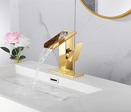 Bathroom Sink Faucet Gold Single Handle 1 or 3 Hole 4 Inch Waterfall Open Spout Bathroom Faucets Modern Brass Lavatory Bath RV Vanity Sink Faucets Basin Mixer Tap with Supply Line Cover Plate - Image 3