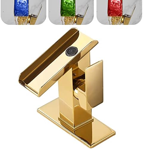 Gold Bathroom Faucets LED Waterfall Spout One Hole RGB 3 Colors Light Changing Lavatory Vanity Sink Faucet Brass Single Handle Modern Washbasin Bath Basin Tap Contemporary with Water Supply Lines by Chiczam