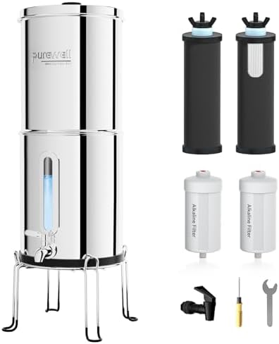 Purewell 2.25G Gravity Water Filter System with Water Level Window, 7-Stage 0.01μm Ultra-Filtration Countertop System with 4 Filters and Stand, Reduce Fluoride & Chlorine, Up to pH 9, PW-KS-FT by Purewell
