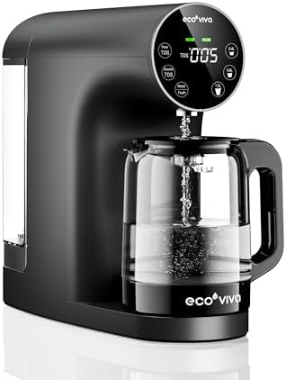 Ecoviva Countertop Reverse Osmosis Water Filter, 6 Stage RO Water Filtration System with 44 oz Glass Carafe, No Installation Water Purifier, 3:1 Pure to Drain, Black by Ecoviva