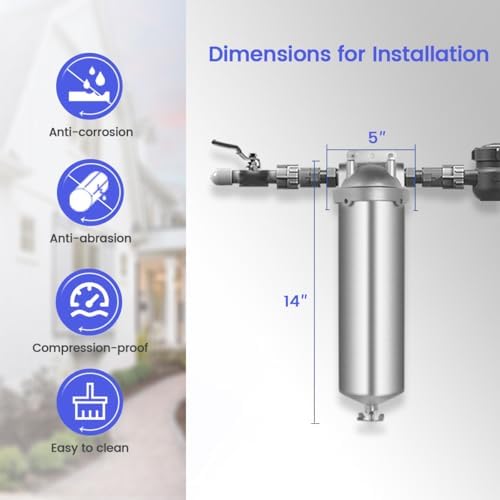 NSF/ANSI 42 Stainless Steel Whole House Water Filter Housing, 10" x 2.5" Sediment Water Filter System for Heavy Duty, Well & City Water, 1/2" NPT Port, Drain Valve Style A(Wing) - Image 3