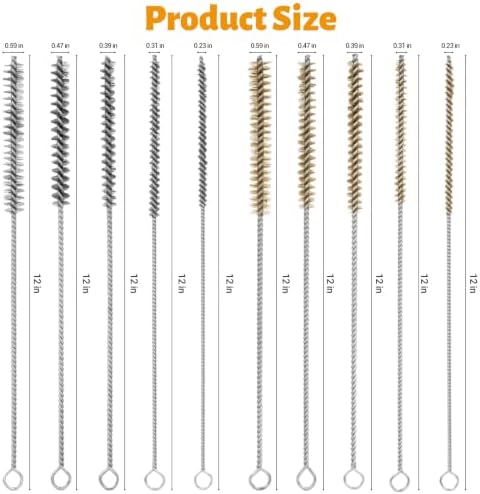 Tube Cleaning Brush,Brass Stainless Steel Engine Cleaning Brushes,12 inch Long Round Wire Pipe Cleaner for Deep Pipes (Yellow and Silver, 10 Pcs-5 Size) - Image 2