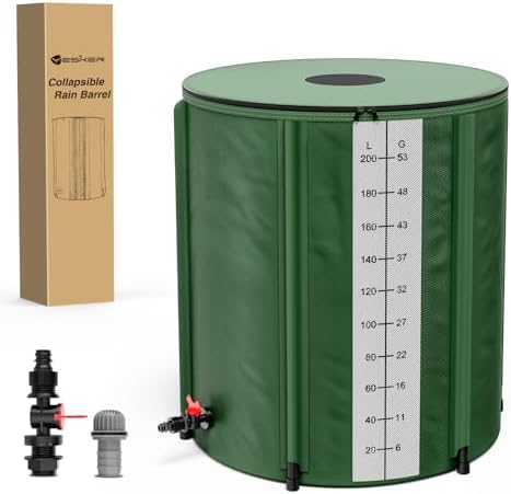 Yesker Collapsible Rain Barrel, 53 Gallon Portable Rainwater Collection System, 550D PVC Water Storage Tank, Rain Catcher with Spigots Filter Overflow Kit, Green by YESKER