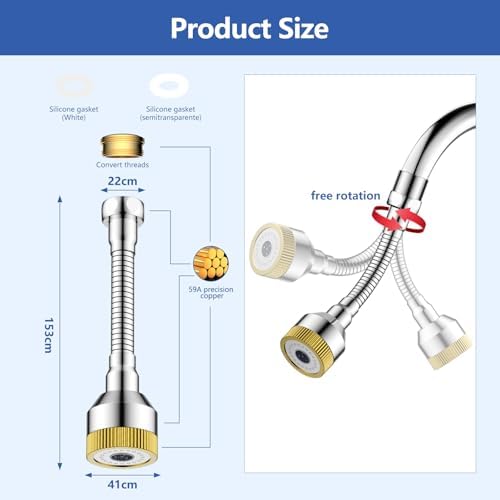 Faucet Sink Aerator/Extender/Sprayer/nozzle,Faucet Attachment Replacement for Bathroom&Kitchen, Anti-slip Swivel Aerator with 55/64" Threaded Adapter (Long-length silver) - Image 3
