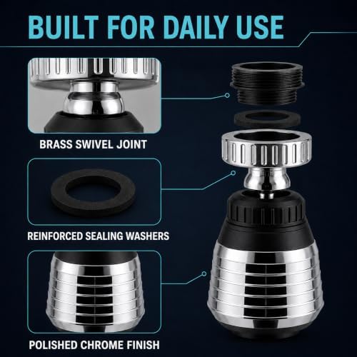 360° Swivel Faucet Aerator - Water Saving Dual Spray Tap Nozzle Adapter Diffuser Filter for Kitchen & Utility Sinks - Image 4