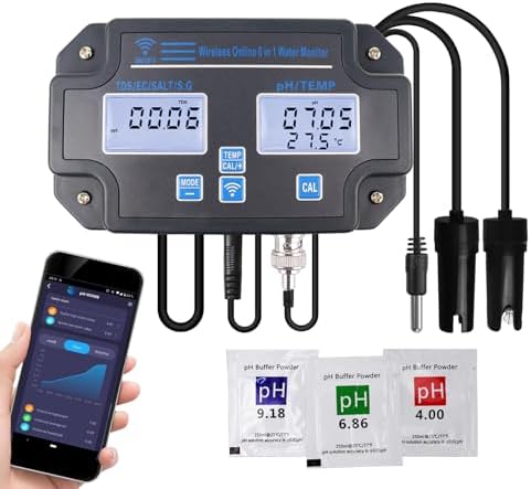 Smart Water Quality Tester 6-in-1 pH/EC/TDS/Salinity/S.G and Temperature Meter with Wi-Fi Continuous Monitor Wall-Mounted pH Water Meter with ATC and Easy Calibration for Aquariums, Hydroponics by Landtek