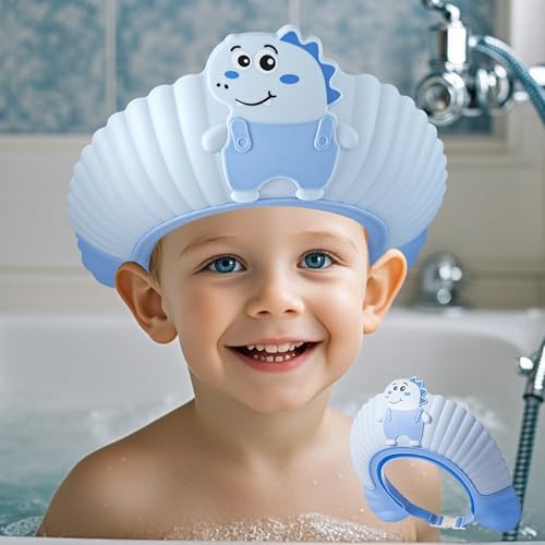 Baby Shower Cap Shield, Shower Cap for Kids, Visor Hat for Eye and Ear Protection for 0-9 Years Old Children, Cute Little Dinosaur Shape Makes The Baby Bath More Fun (Blue) by Unknown