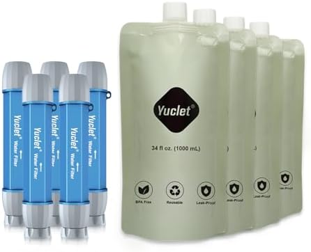 Squeeze Water Filtration System for Hiking, Camping, Travel, and Emergency Preparedness (5 Water Filter Straw, 4 Squeezable 34-Oz Water Pouch) by YucletProducts