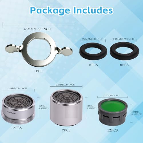 16PCS Faucet Aerator Replacement Kit, 12 Pack Insert Aerators, 2 Pack M24 (15/16") & 2 Pack M22 (55/64") Brass Aerators, Flow Restrictor with M24 Wrench for Kitchen & Bathroom Faucets - Image 2