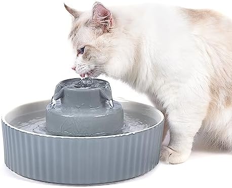 Ceramic Cat Water Fountain, Ceramic Pet Fountain, 2.1 L Drinking Fountains Bowl for Cats and Dogs with Replacement Filters and Foam(Grey) by TheBestPetConsultant