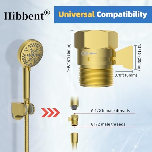 Hibbent All Metal 1 Pack Shower Head Flow Control Valve, G1/2 Brass Shut-off Valve with Metal Handle Lever, Shut OFF Water Flow Control Regulator for Handheld Shower, or Bidet Sprayer, Brushed Gold - Image 3