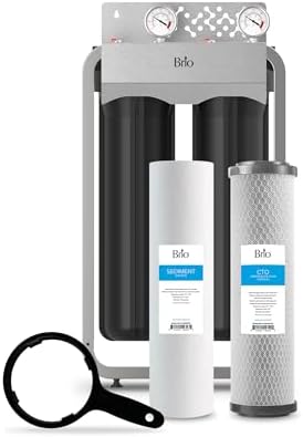 Brio Whole House Water Filter System w/Gauges | 2 Stage Fast-Flow Filtration (5 Micron Sediment, CTO Carbon Block) 4.5" x 20" Filters | Improves Taste, Protects Home Appliances & Shower | 900 GPH by Brio