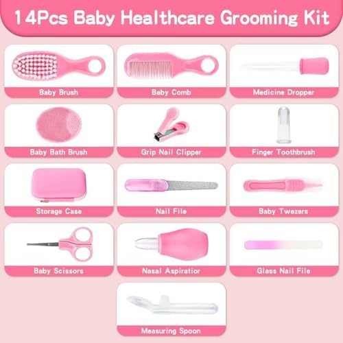 Baby Healthcare and Grooming Kit, 14 in 1 Baby Safety Set Newborn Nursery Health Care Set with Hair Brush Scale Nail Clippers for Baby Girls Boys (14 Kits Pink) - Image 2