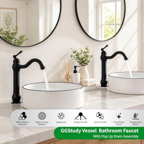 Black Bathroom Faucet GGStudy 360° Swivel Single-Handle One Hole Bathroom Vessel Sink Faucet Matching Pop Up Drain - Image 3