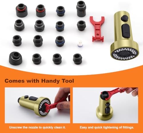 TIORIY Kitchen Faucet Head with 15 Adapters, High Pressure 3 Functions Pull Down Kitchen Spray Head Replacement, Pull Out Kitchen Sink Sprayer Nozzle, Brushed Gold, ABS - Image 3