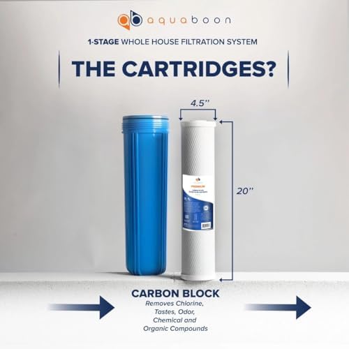Aquaboon Whole House Water Filter System for Well Water with 5 Micron 20x4.5 Carbon Block Chlorine Reduction Cartrige | NSF Certified, Pressure Gauges & Releas, Wrench, Bracket 1" NPT - Image 3