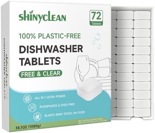 100% Plastic-Free Dishwasher Tablets, Free & Clear, 72 Count by Shinyclean