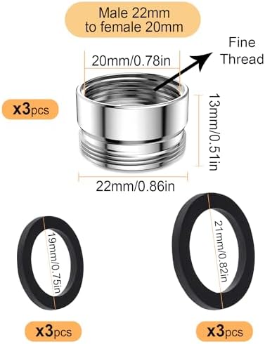 3 pcs Faucet Adapter Kit, Male 0.86in to Female 0.78in Fine Thread Kitchen Aerator Adapter Set, Brass Sink Faucet Adapter for Connecting Garden Hose Water Filter Standard Hose via Diverter - Image 2