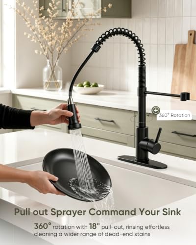 Matte Black Kitchen Faucet with Pull-Down Sprayer — Commercial Spring High-Arc Single-Handle Sink Faucet, Fits 1 or 3 Hole for Farmhouse, Bar, Camper and Laundry Room - Image 2