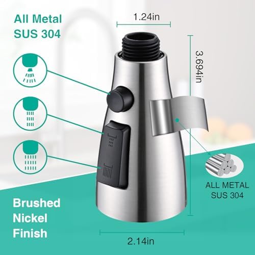 Metal Kitchen Faucet Head Replacement, 3-Function Pull Down Spray Head for Kitchen Faucet, High Pressure Sink Spray Nozzle with 9 Adapters Compatible with American Standard, Brushed Nickel - Image 2