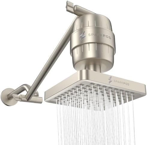 SparkPod 6" High Pressure Rain Shower Head with 23 Stage Filter Capsule & 11 Inch Adjustable Shower Arm Extension -Shower Filter Reduces Chlorine for Smoother Hair & Skin (Square, Brushed Nickel) by SparkPod