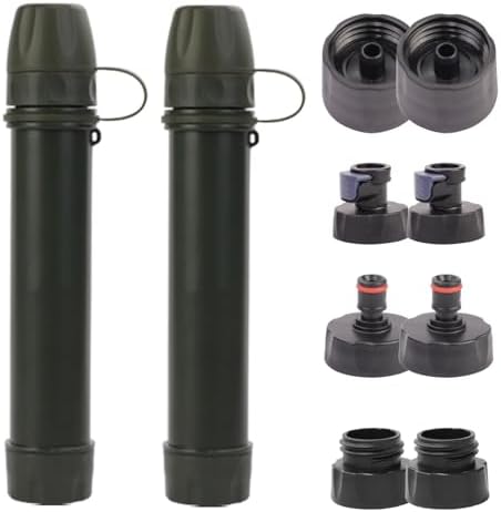2 Pack Survival Water Filter Straw for Hiking & Camping, 2025 Personal Portable Water Purifier, 3000L Long Life, Includes Bottle & Hydration Bladder Adapters (2, Dark Green, 3x3x19.3cm) by Unknown