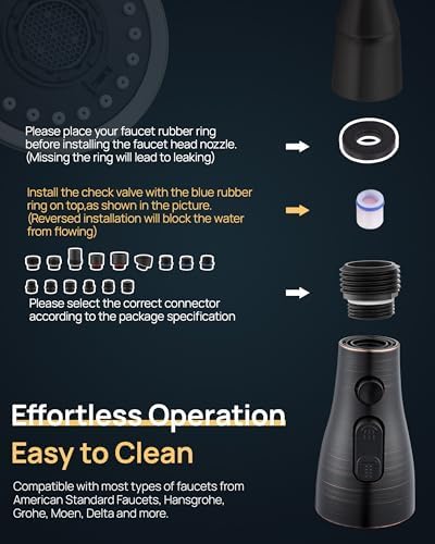 Pull Down Kitchen Faucet Sprayer Head Replacement Part, 15 Connectors, 3 Function Pull Out Sink Sprayer Replacement Nozzle, Kitchen Faucet Head Hose Spray Tap Spout,Oil Rubbed Bronze - Image 7