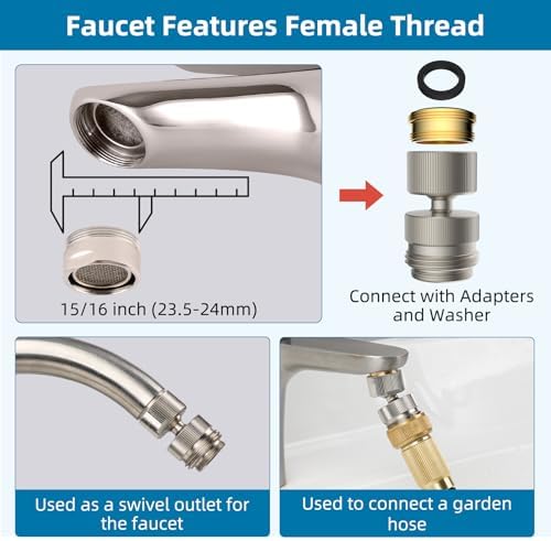 Hibbent Sink Faucet to Garden Hose Adapter, 360-Degree Swivel 55/64 Inch Female Thread, Sink Hose Attachment for Faucet Adapter Connector, Brushed Nickel - Image 4