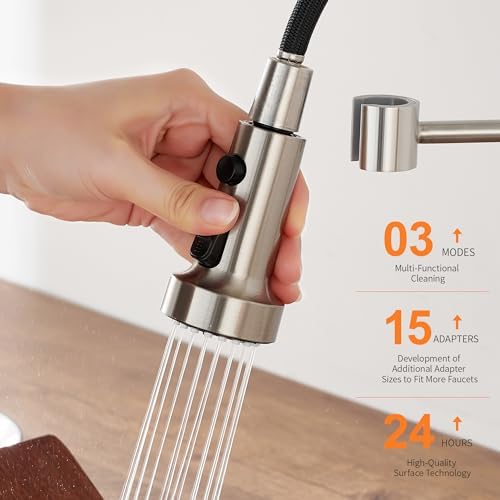 TIORIY with 15 Adapters Pull Down Kitchen Sink Faucet Head Replacement, 3 Functions Plastic Kitchen Sink Sprayer Nozzle Replacement for Kitchen Faucet, Pause Mode (Brushed Nickel) - Image 5