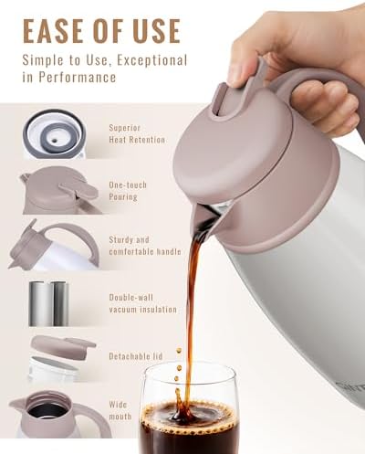 GiNT Insulated Coffee Carafe 34 Oz, Small Stainless Steel Flask for Hot Coffee with Fully Washable Detachable Lid, Portable Thermal Pitcher One-Hand Push Button Tea Dispenser for Travel Camping Office - Image 3