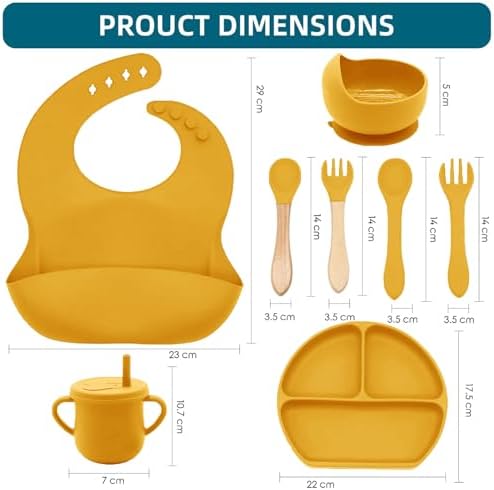 100% Silicone baby feeding set,BPA free Baby dishes set with Suction Bowl Divided Plate,Toddler Self Feeding Dish Set with Spoons Forks Sippy Cup And Bib, Baby Eating Utensils (Pumpkin) - Image 3