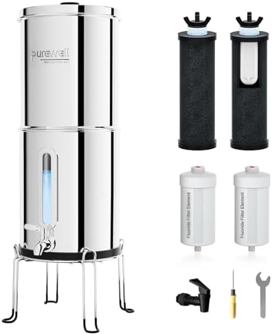Purewell 2.25G Gravity Water Filter System with Water Level Window, 8-Stage 0.01μm Ultra-Filtration Stainless Steel Countertop System with 4 Filters and Stand, Reduce Fluoride and Chlorine, PW-KS-CF by Purewell
