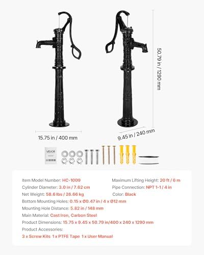 VEVOR Well Hand Pitcher Pump, 20 ft Max Lift, Antique Cast Iron Manual Hand Water Pump with Heightening Base, NPT 1-1/4 in Connection, Easy Installation, for Outdoor Garden, Pond, Yard, Farm, Black - Image 7