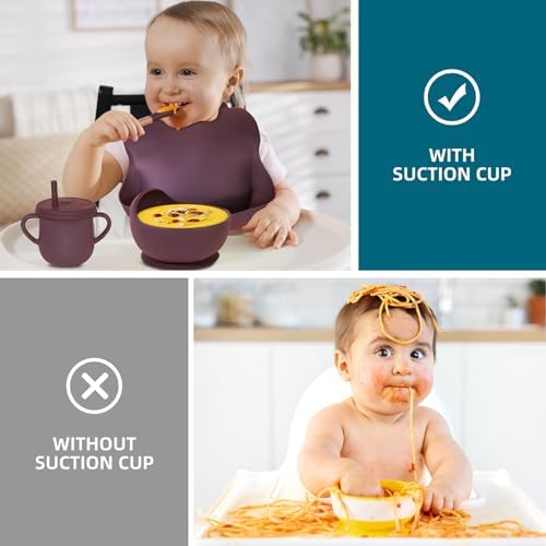 100% Silicone Baby Feeding Set, BPA Free Dishes With Suction Bowl, Divided Plate, Toddler Self Feeding Utensils, Spoons, Forks, Sippy Cup and Bib (Dark Red) - Image 4