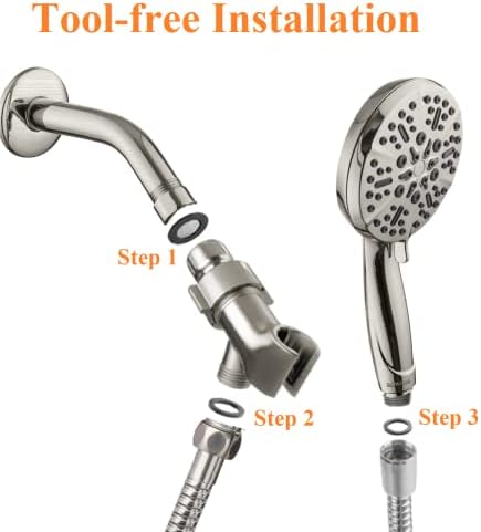 High Pressure Shower Head with Handheld - 5 Spray Settings High Flow Detachable Rain Shower Heads with 60” Extra-long Stainless Steel Hose and Adjustable Bracket with Brass Joint – Brushed Nickel - Image 5